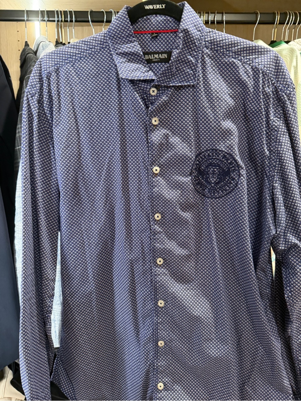 Balmain Men's Blue Micro-Pattern Long-Sleeve Button Shirt